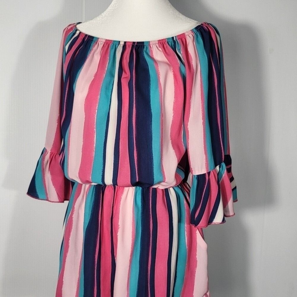 Womens Pink Teal Striped Off Shoulder Bell Sleeve Romper Size L Summer Boho